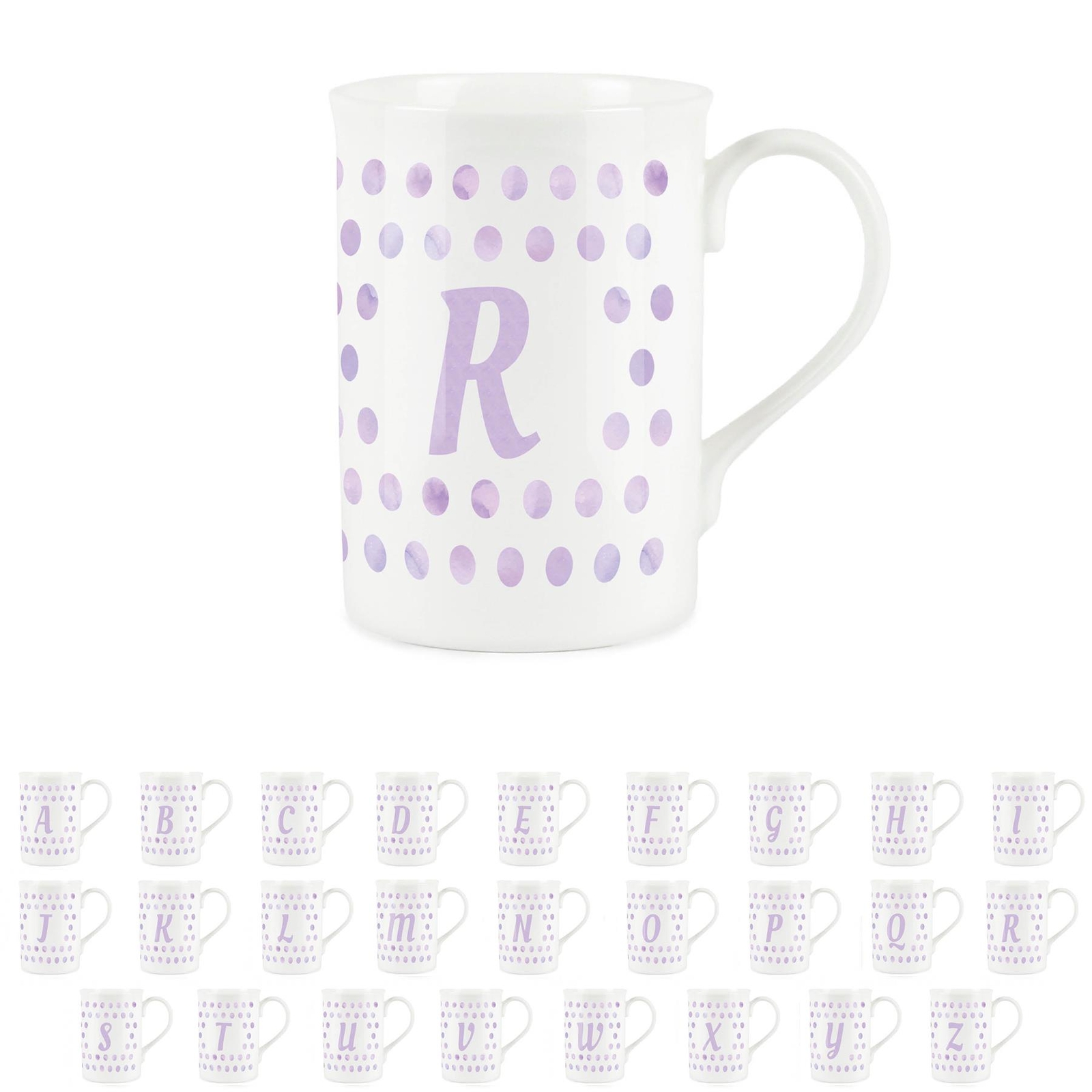 Bone China Letter Mug - Lilac Polka Dots Spotty Personalised Letter R Mug