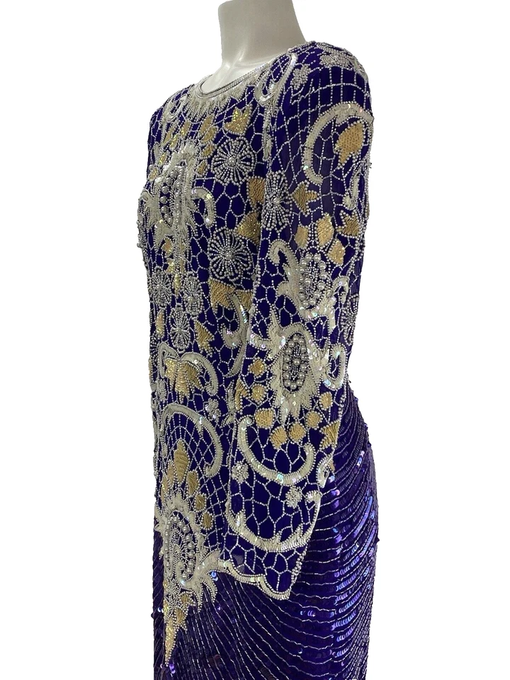 Alisha Vintage Sequin Beaded Silk Evening Gown Women’s 10/12 Purple Long Sleeve - Image 4 of 4