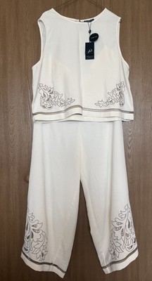 Adrianna Papell 2-piece ivory top and pants set Cutout Embroidery