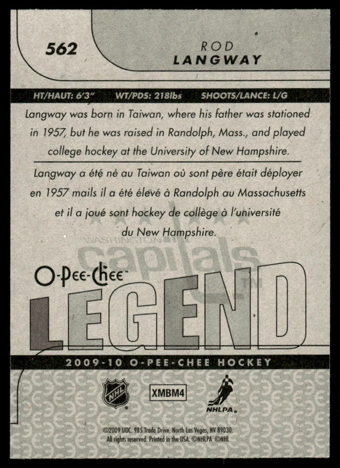 2009-10 O-Pee-Chee MARQUEE LEGEND Rod Langway Washington Capitals #562 - Image 2 of 2