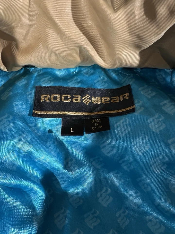 VTG Y2K Rocawear Jacket Women Large Gold Puffer Down Cropped Hood Fur 90s - Image 2 of 4