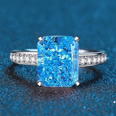 Certified 4ct Radiant Cut Lab Grown Blue Diamond Ring, 18K Gold Vermeil Stylish