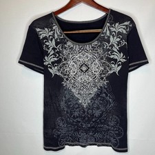 Women's 1X Black Graphic T-Shirt Floral Mandala Print USA Made 100% Cotton