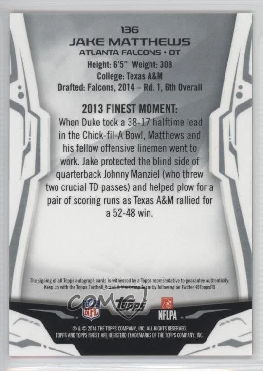 2014 Topps Finest Red Refractor Rookie Auto /15 Jake Matthews #136 Auto RC - Image 2 of 2