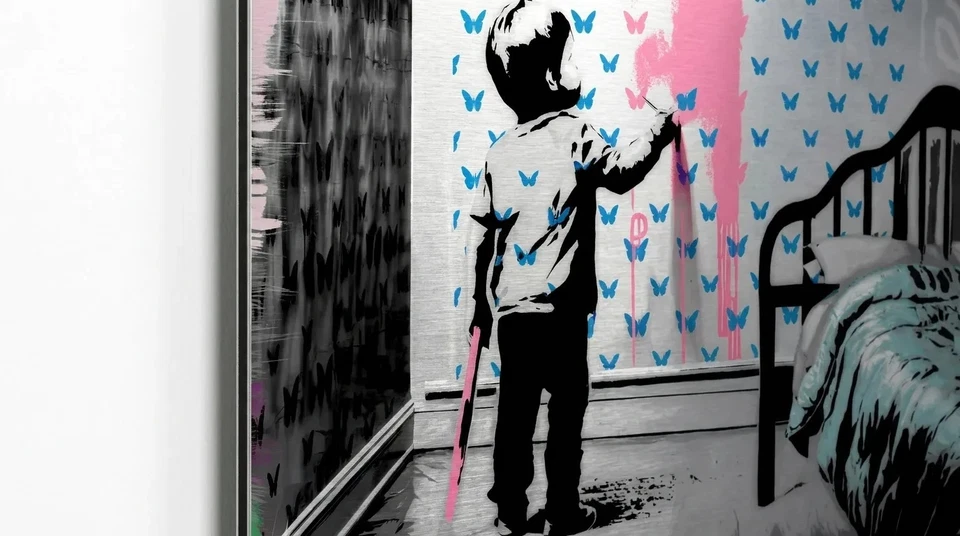 Banksy Hommage - Schmetterling  -gebürstetem Silber-Alu  XXL, limitiert, Pop Art - Bild 4 von 4
