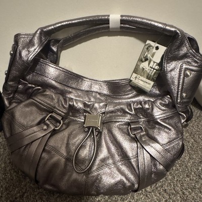 B. Makowsky Metallic Silver Solid Shoulder Bag Outer Pockets Buckle Studded