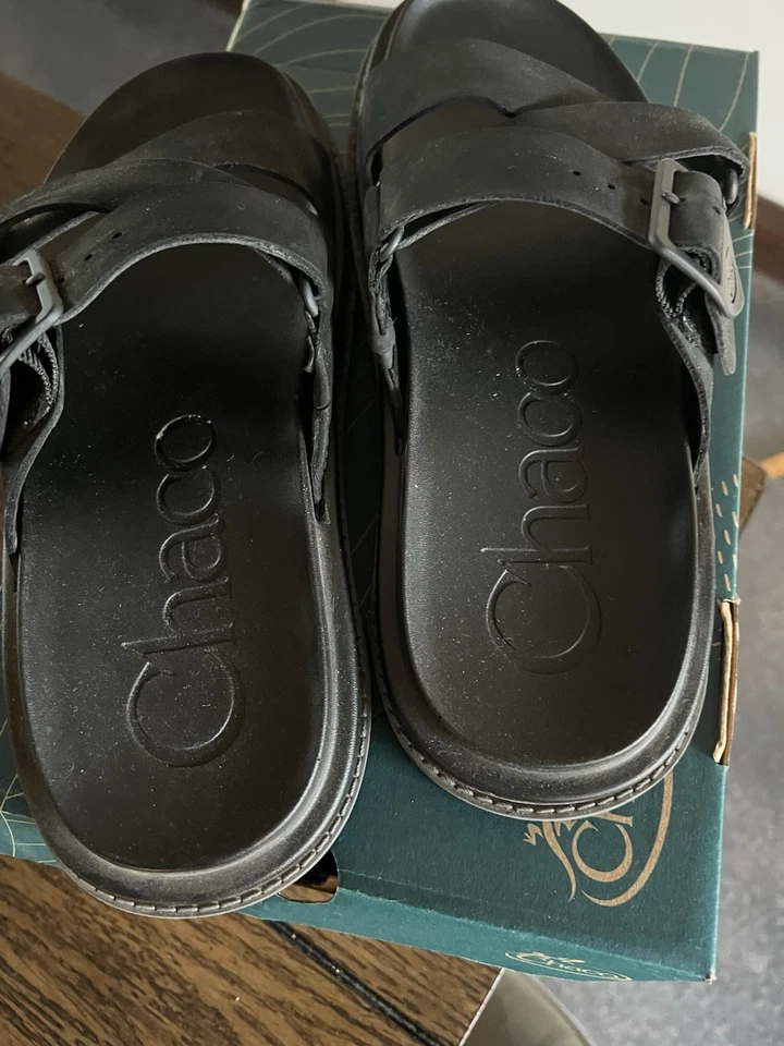 Sandálias femininas de couro preto Chaco Townes Slide tamanho 9 - Imagem 4 de 4