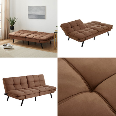 Modern Tufted Faux Suede Split Back Futon Sofa Bed Couch Loveseat Sleeper Camel