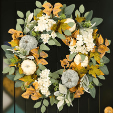 22 Inch Fall Wreath for Front Door, Autumn Pumpkin Harvest Wreath with Eucalyptu