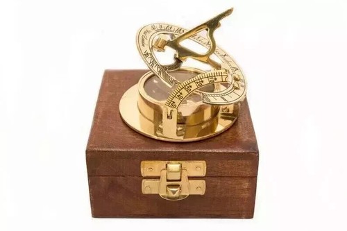 Vintage Style Maritime Antique Brass Compass Sundial with Wooden Box - Picture 9 of 11