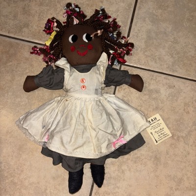 Vtg  Handmade Folk Art Cloth Rag Doll With Bows In Her Hair