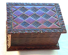 Vintage Carved Wood Trinket Box Blue Lining Footed Poland 007-021