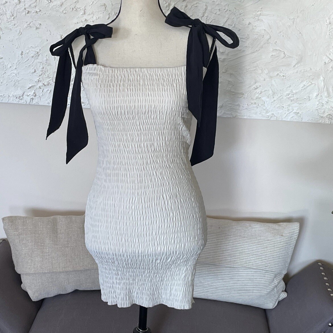ZARA SMOCKED MINI DRESS TIE STRAPS Ivory Black Sz XS | eBay