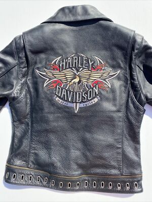 Harley Davidson Women Black Leather Jacket Small Chain Dagger