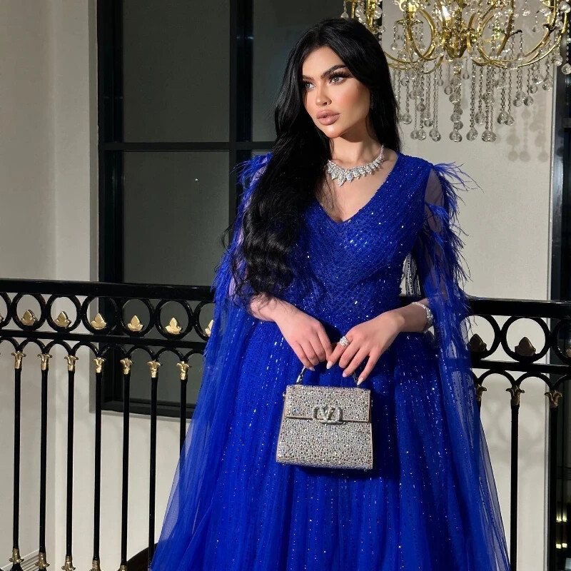 Luxury Blue Dubai Evening Dress Beads Cape Sleeves Arabic Formal Dresses  Party | eBay