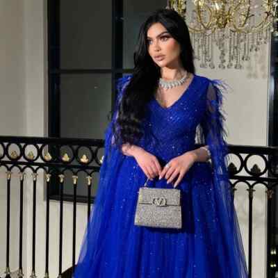 Luxury Blue Dubai Evening Dress Beads Cape Sleeves Arabic Formal Dresses  Party | eBay