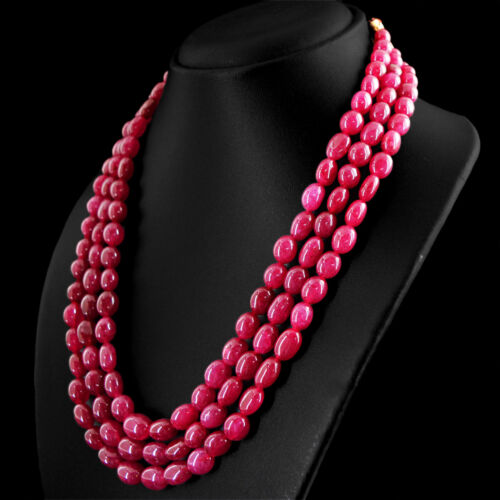 AMAZING 622.00 CTS ENHANCED RUBY 3 STRAND OVAL SHAPE BEADS NECKLACE (DG) - Picture 1 of 3
