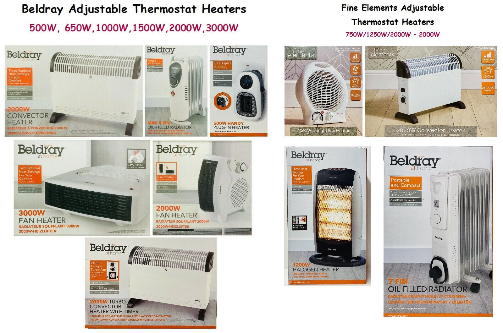 Beldray/Fine Adjustable Thermostat Heaters 500, 650, 1000,1200,1500,  2000,3000W | eBay