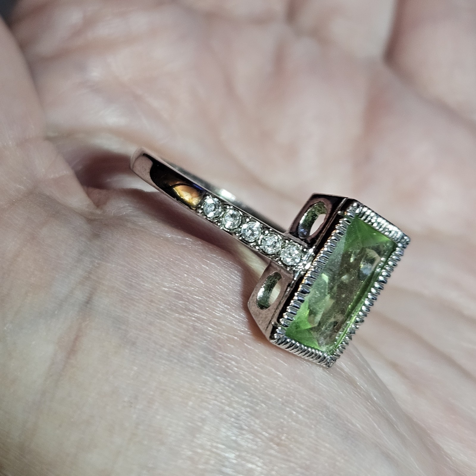 Silver Tone Green Rectangular Rhinestone Clear Rh… - image 2