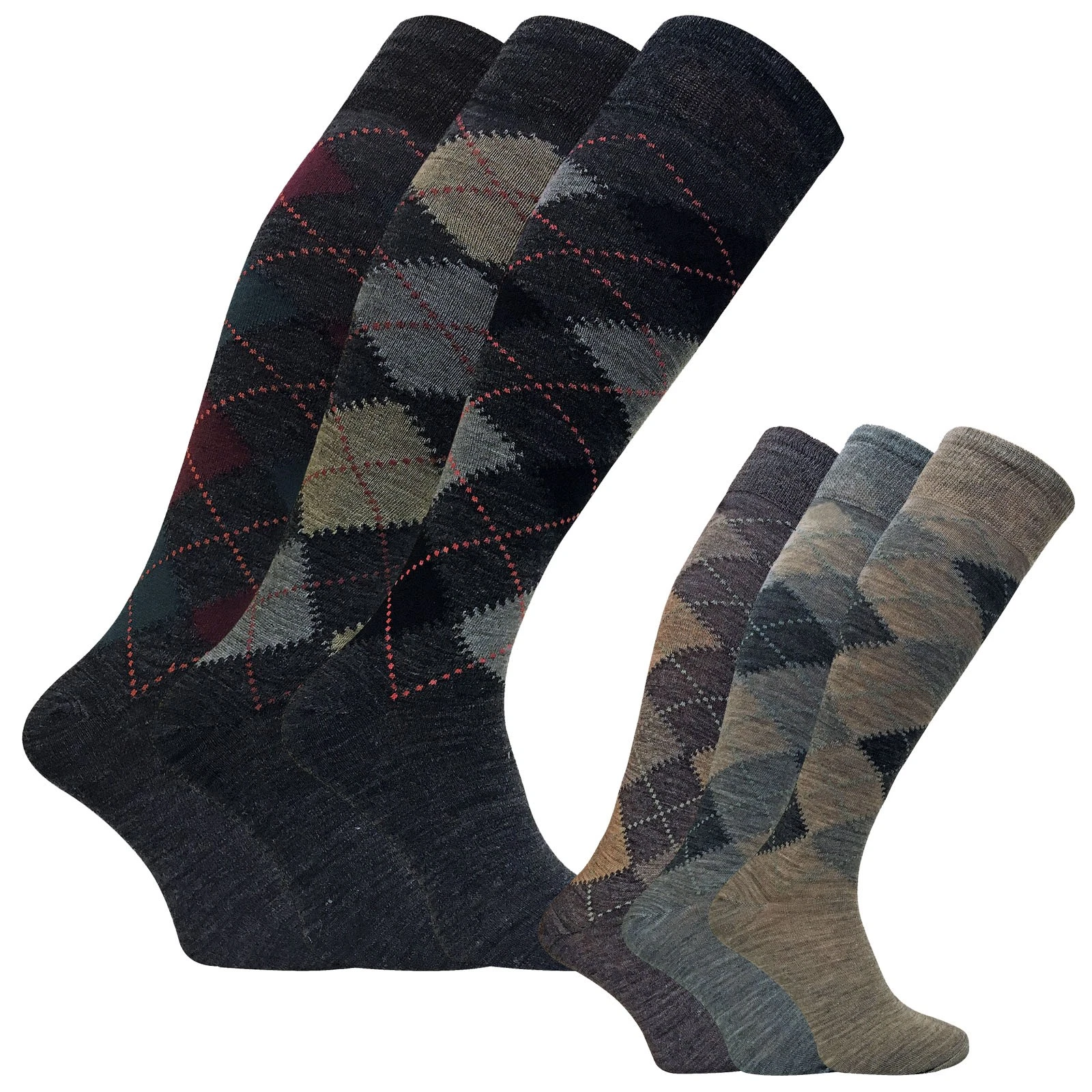 3 Pairs Mens Extra Long Knee High Argyle Lambs Wool Dress Socks