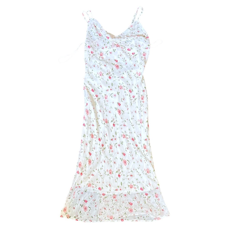 Reverse Floral Slip Dress -tie Up Back -drop Neckline -size S Small White MIDI