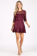 Burgundy Lace Sleeve Fit & Flare Mini Dress- Elegant Party, Date Night