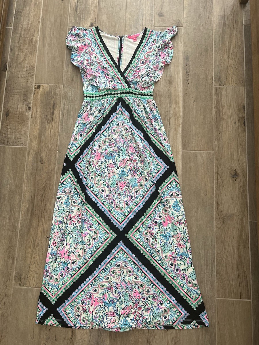 chinese dress ladies Roselle Floral Multi Color Print Long Poof Sleeves Midi Dress L