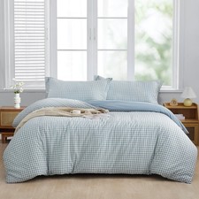 Light Blue Plaid Duvet Cover Full Size 3pcs 100 Washed Cotton Soft Comforter...