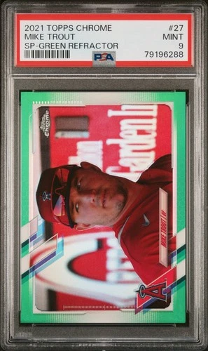 2021 TOPPS CHROME #27 MIKE TROUT SP-GREEN REFRACTOR /99 PSA 9 Image Variation