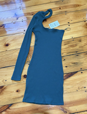 PULL&BEAR Green Ribbed Knit One-Shoulder High Neck Bodycon Midi Dress XL