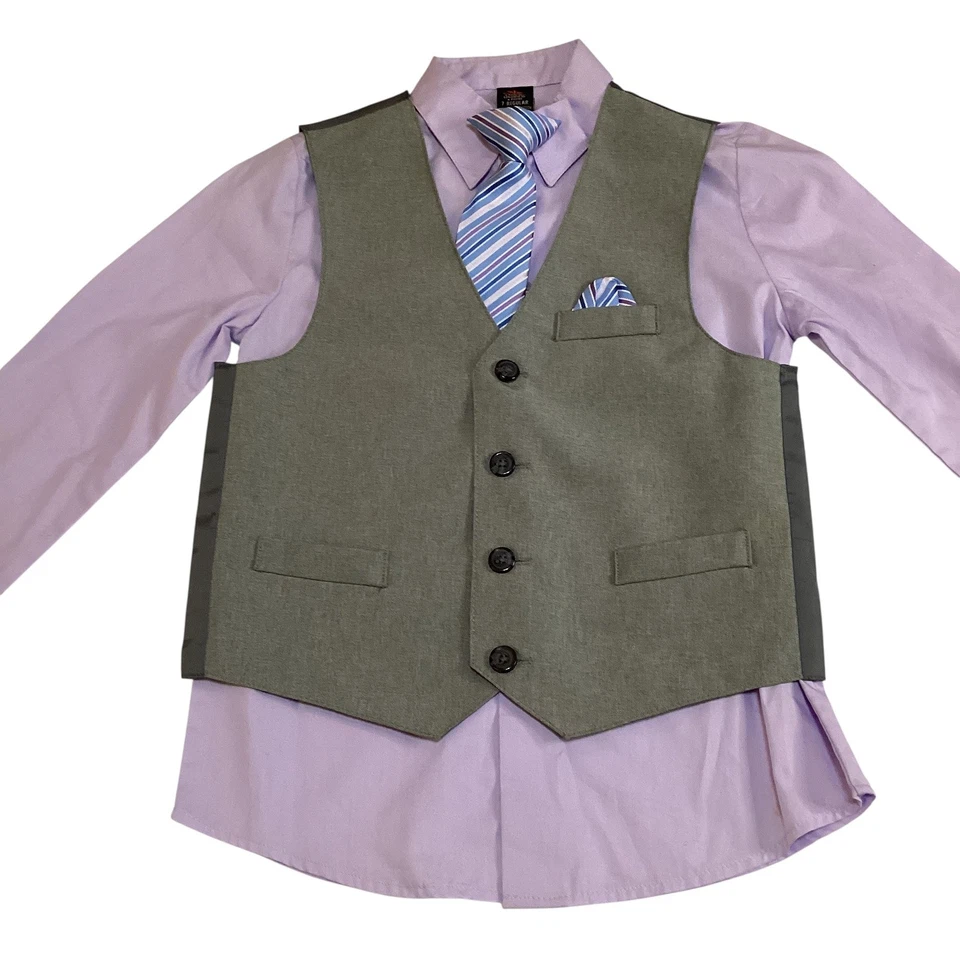 Conjunto Chaleco Dockers Niños 4 Piezas Camisa Corbata Pañuelo Gris Púrpura Niños Talla 7 Nuevo con Etiquetas Foto 3 de 4