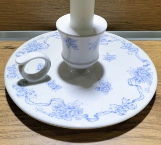 Vintage Laura Ashley 'Ribbons' candle holder/chamberstick. Ceramic. Blue/white