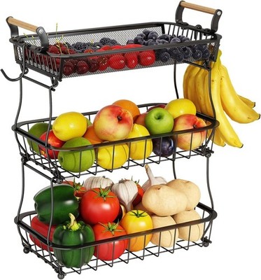 3 Tier Fruit Basket with 2 Banana Hangers Countertop Fruit Vegetable Basket Bowl