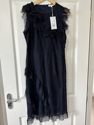 Warehouse Frill Lace Midi Dress Navy Blue Size 12 UK