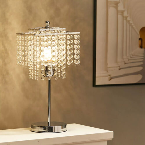 Luxury Crystal Droplet Bedside Table Lamp Reading Lamp Chrome Square Lampshade - Picture 4 of 7