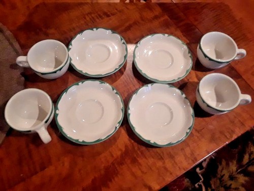 4 Buffalo China Restaurant Ware Coffee Cups & Saucers U.S.A White w/Green Waves - Picture 3 of 7