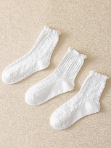 3pairs Solid White Crew Socks with Texture Socks for Women Cute Socks Novelty - Picture 3 of 3