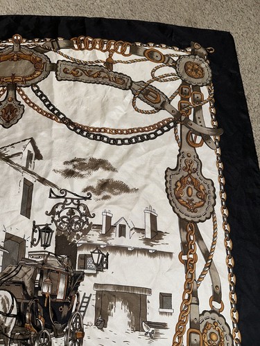 Estate Poste Relais Horse Wagon Buggy Carriage Print Silk Woman Head Scarf* - Picture 5 of 7