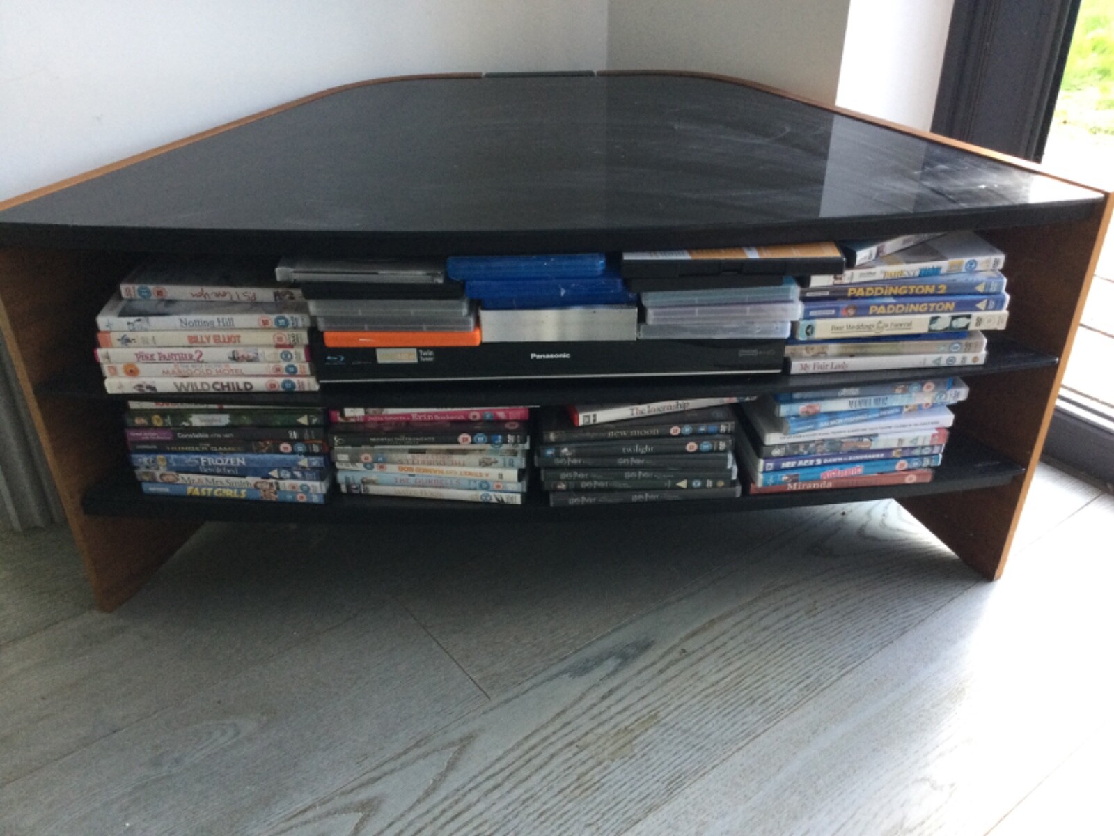 Corner TV stand black glass and walnut veneer unit good condition eBay