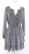 Ann Taylor Black Gray Heart Print Smocked Tiered Long Sleeve Dress Size 0