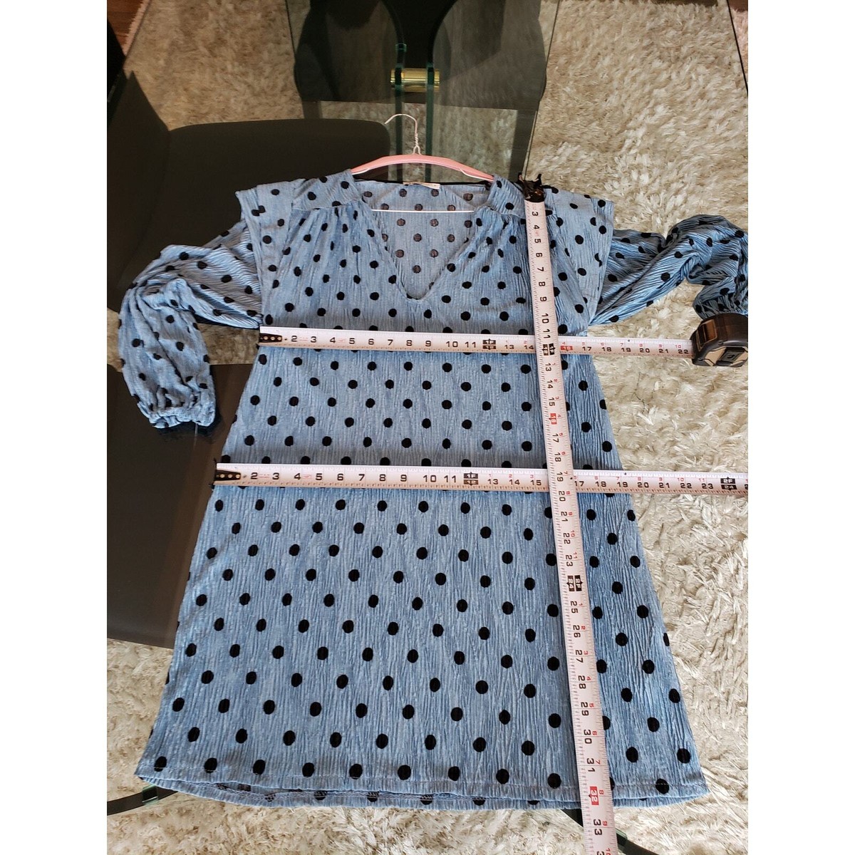 Zara Fit & Flare Dress Womens S Blue Black Polka Dot Shoulder Long Sleeve V  Neck | eBay
