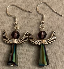 PURPLE EGYPTIAN GODDESS / FAIRY / ANGEL EARRINGS - Crystal Beads  Pewter Wings