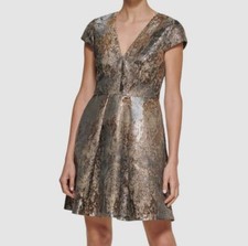 Vince Camuto Women's Beige Metallic Jacquard V-Neck Dress Size 0