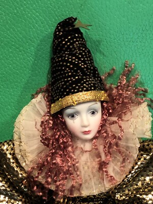 harlequin gold dress Vtg Porcelain Pierrot Posable Doll Teardrop Wind Up Music harley quinn gold dress