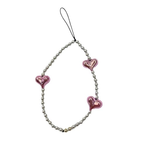 Crystal Pink Heart Keychain Phone Lanyard Round Beaded Heart Phone Strap