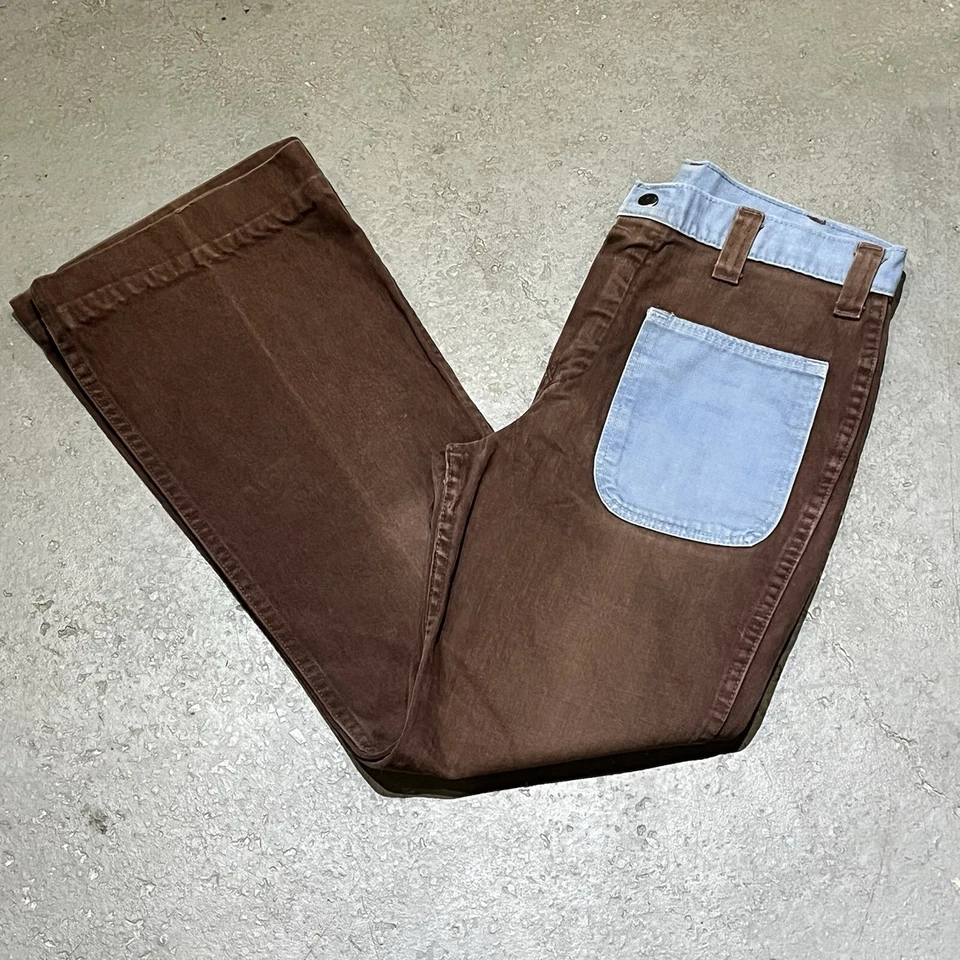 Vintage 1970s Brown Blue High Rise HillBilly Bell Bottom Jeans See Measurements - Image 3 of 4