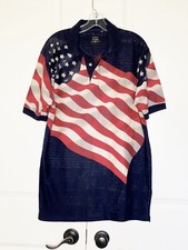 COTTON TRADERS SPORT NAVY PRINT FLAG POLO SHIRT SIZE: L