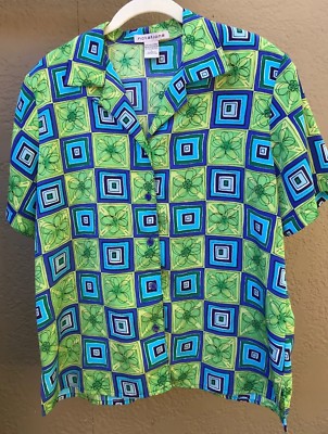 Notations Women's L Lime Blues Floral Blouse Poly Top Pearled Btns Shoulder Pads