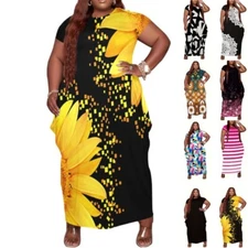 Womens Plus Size Casual Fashion Maxi Dresses Beach Sundress Tshirt Short Sleeve