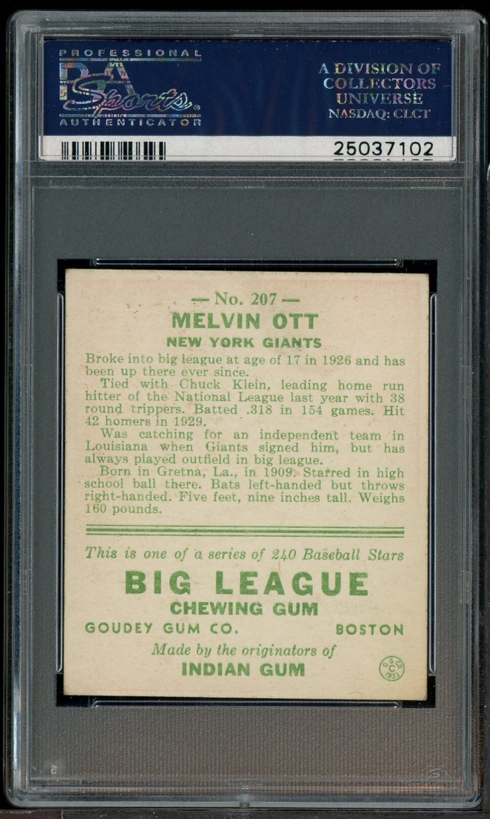 1933 Goudey #207 Mel Ott New York Giants RC Rookie HOF PSA 5.5 EX+ CENTERED view 2